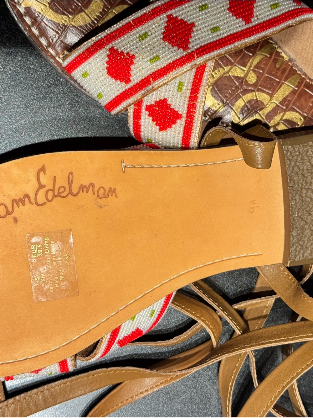 Sam Edelman Beaded Red & White Cross-Strap Women's Sandals - Picture 3 of 3